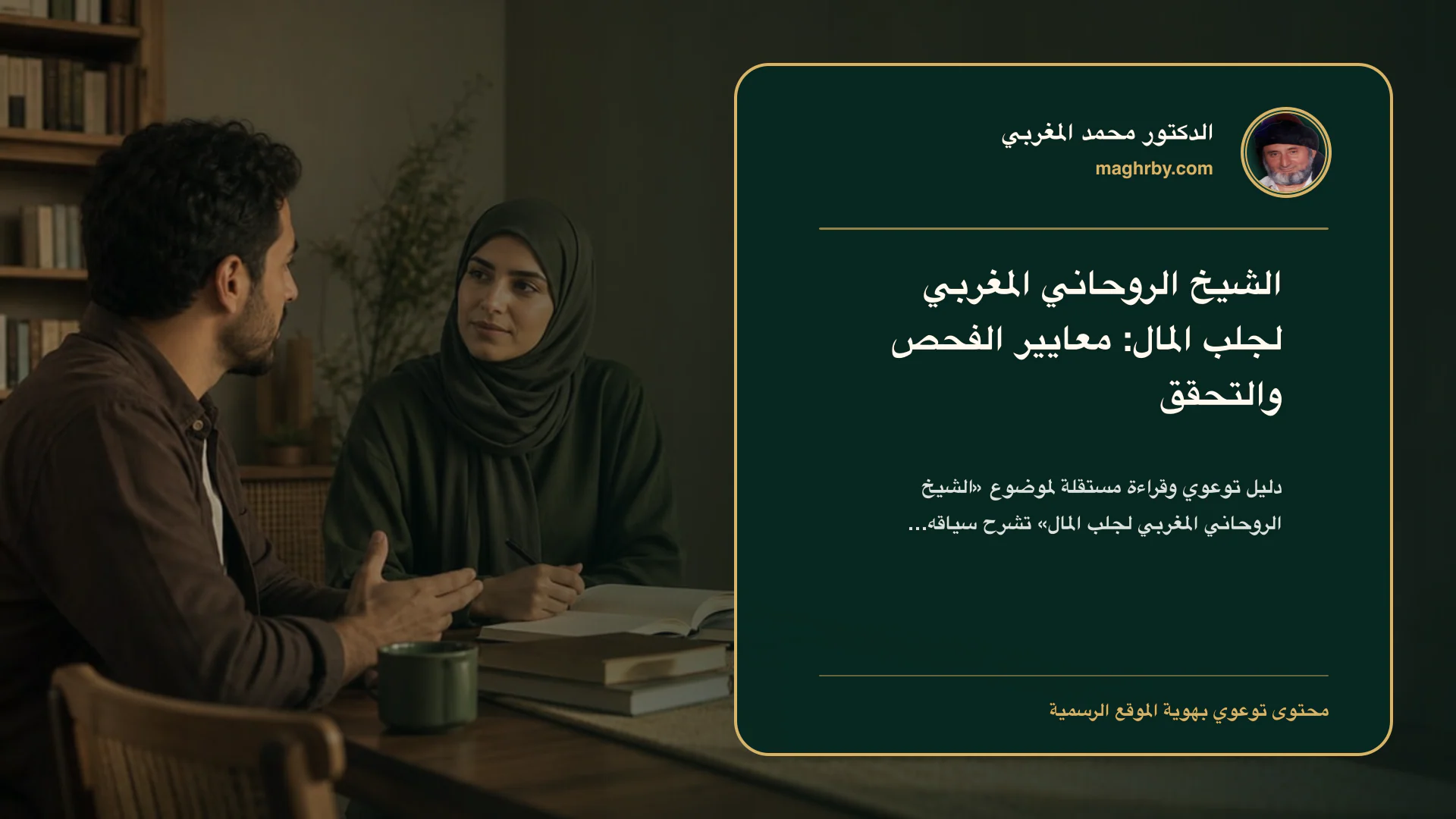 غلاف مقال «الشيخ الروحاني المغربي لجلب المال: معايير الفحص والتحقق» بهوية الدكتور محمد المغربي