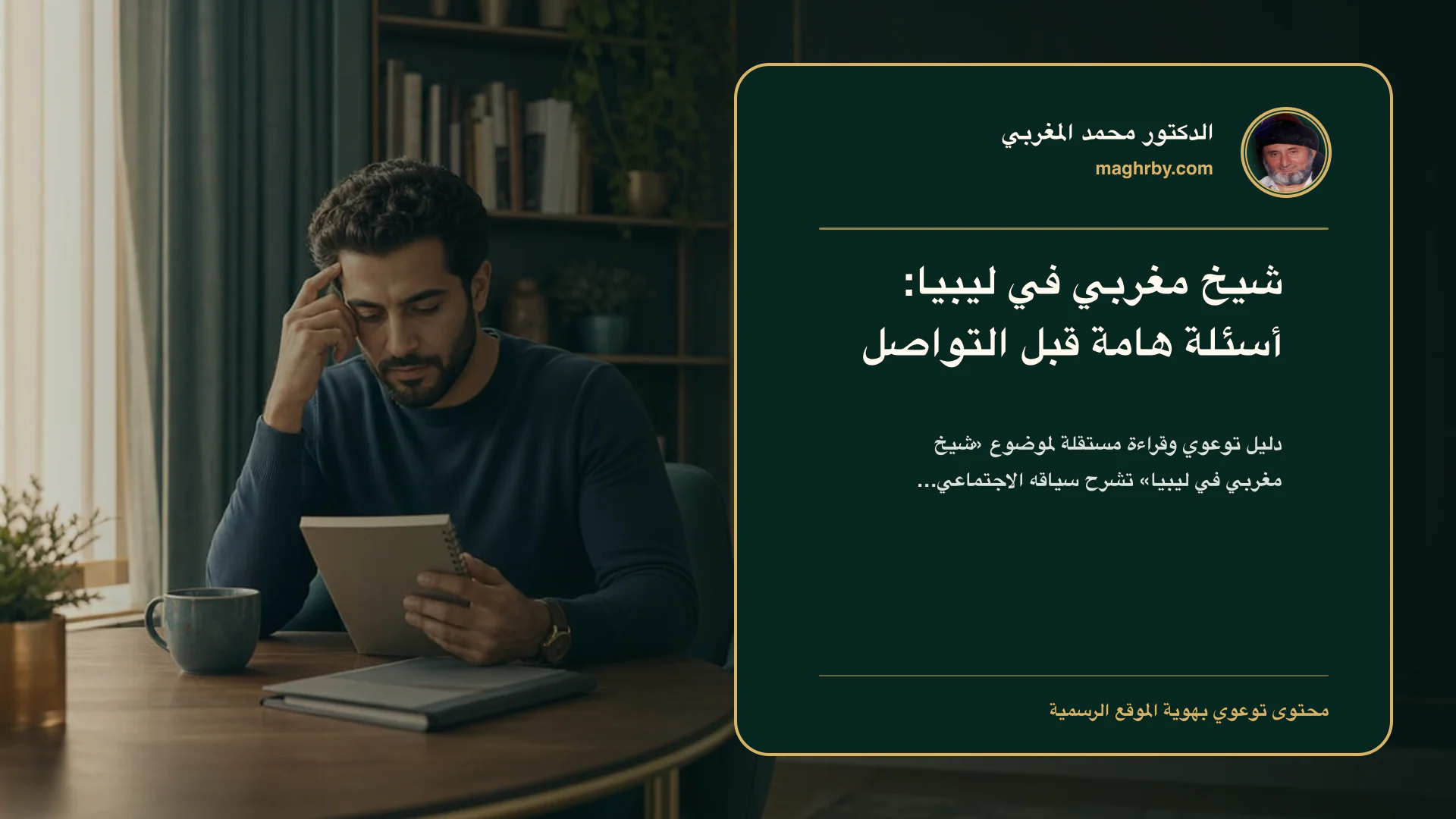 غلاف مقال «شيخ مغربي في ليبيا: أسئلة هامة قبل التواصل» بهوية الدكتور محمد المغربي