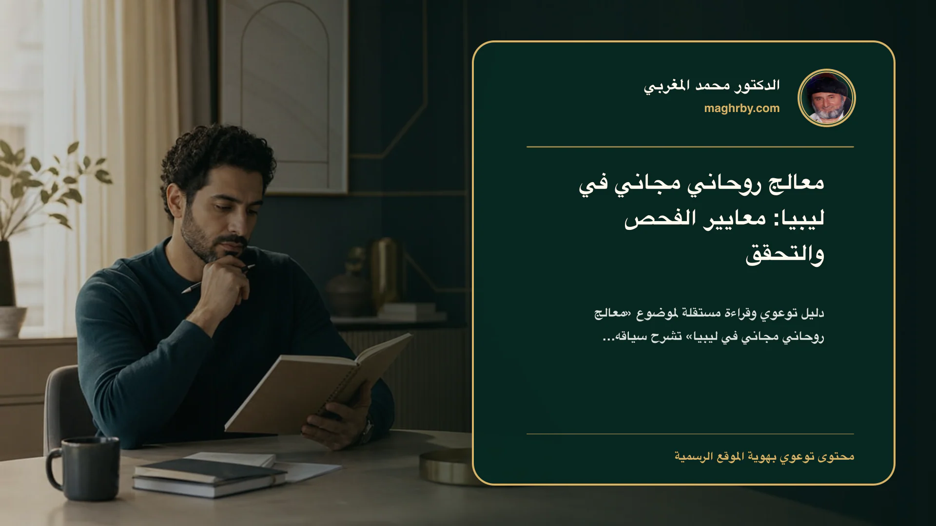 غلاف مقال «معالج روحاني مجاني في ليبيا: معايير الفحص والتحقق» بهوية الدكتور محمد المغربي