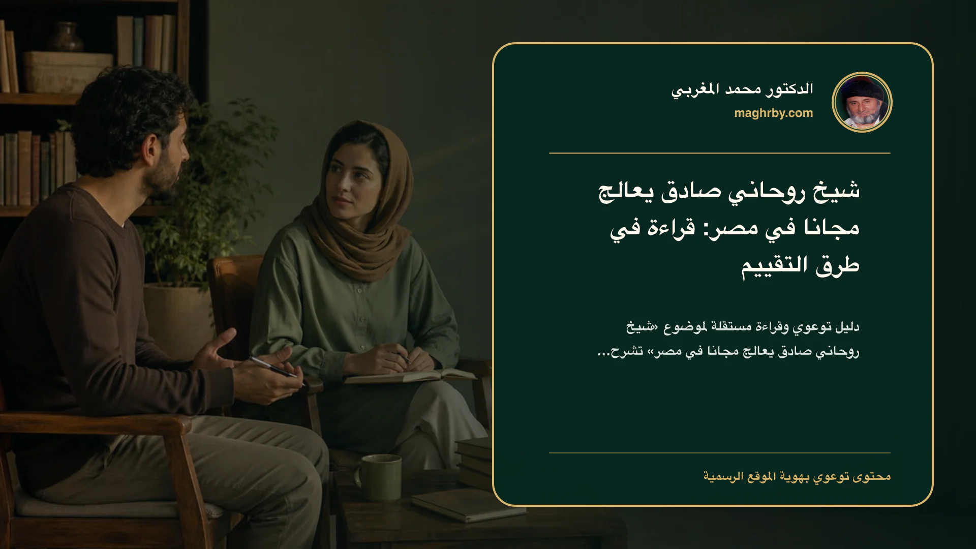 غلاف مقال «شيخ روحاني صادق يعالج مجانا في مصر: قراءة في طرق التقييم» بهوية الدكتور محمد المغربي