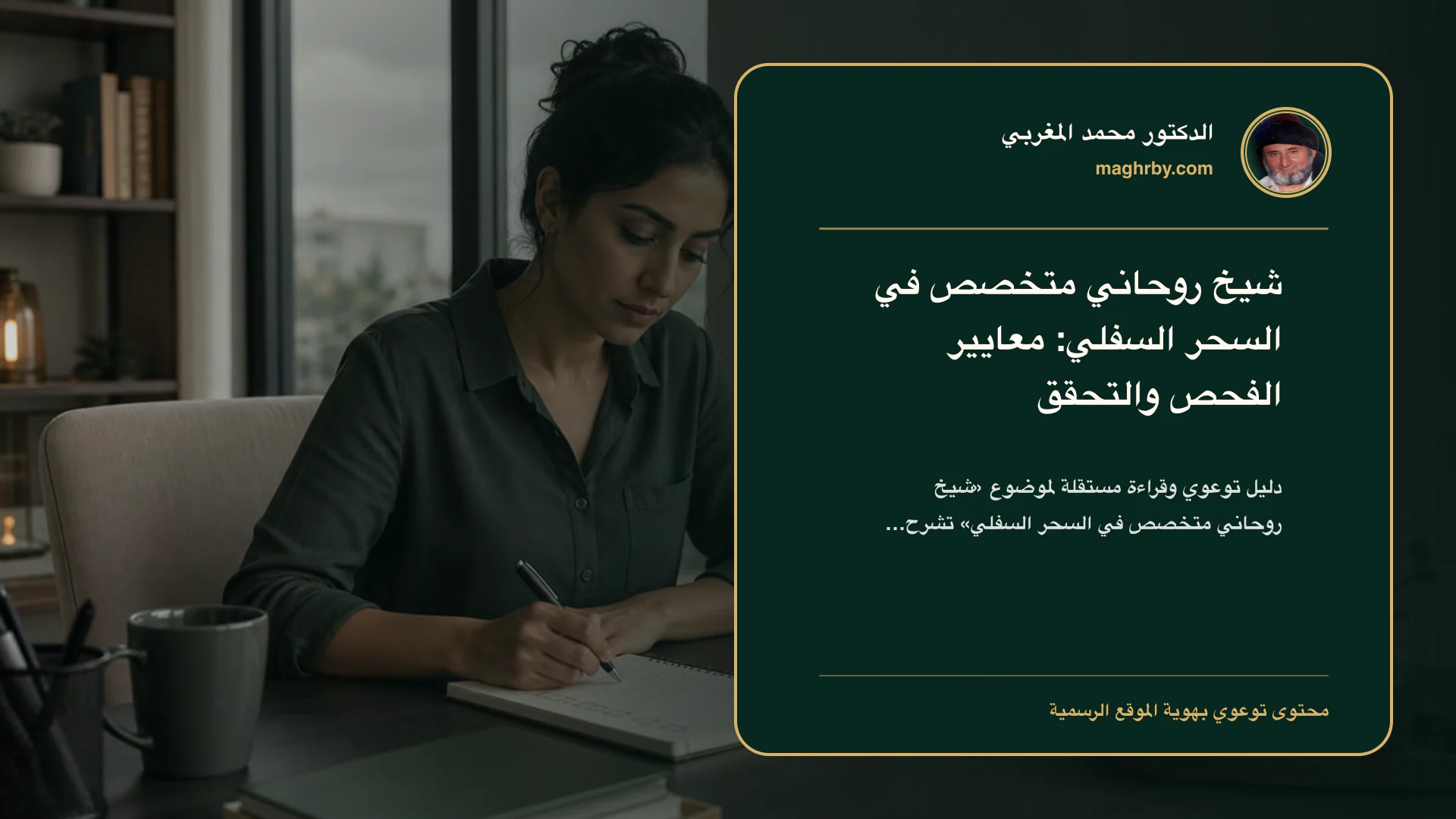 غلاف مقال «شيخ روحاني متخصص في السحر السفلي: معايير الفحص والتحقق» بهوية الدكتور محمد المغربي